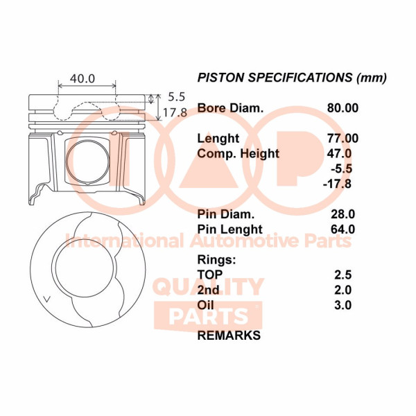 Piston with rings and pin - 100-16154 IAP QUALITY PARTS - 20SZ052, 222500, 99940600