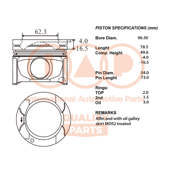 100-17066, Piston with rings and pin, IAP QUALITY PARTS, Toyota Hilux-III/IV Land Cruiser 150 3,0TDi 1KD-FTV 2008+, 13011-30160, 13013-30090, 13013-30100, 13013-30150, 13101-30170, 13103-30170