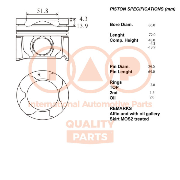 Piston with rings and pin - 100-17211 IAP QUALITY PARTS - 1301151040, 13011-51040, 131010W020
