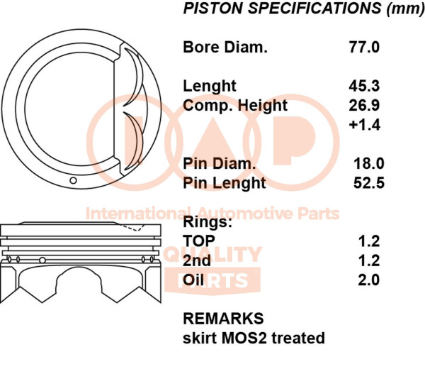 Piston with rings and pin - 100-21100 IAP QUALITY PARTS - 20HY053, 853830, 8742480000