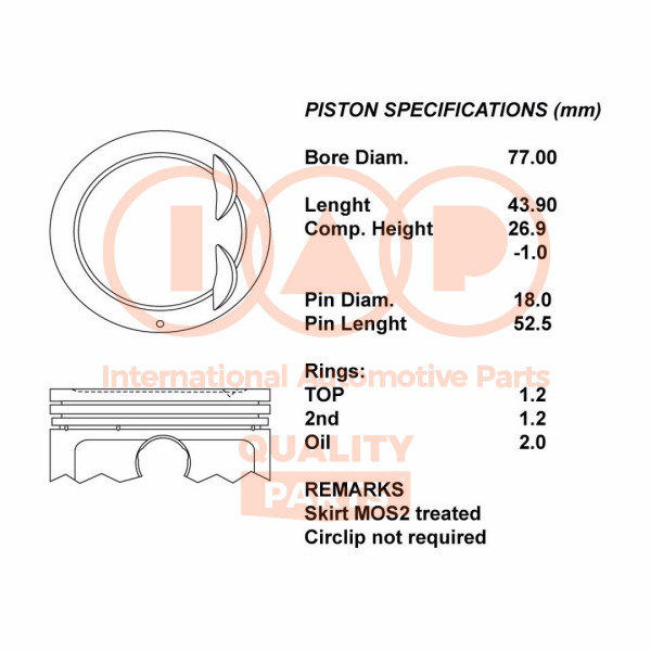 Piston with rings and pin - 100-21102 IAP QUALITY PARTS - 20HY051, 130087002000, 230402B000