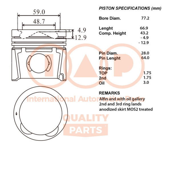 Piston with rings and pin - 100-21108 IAP QUALITY PARTS - 230402A903, 230402A908, 230402A960