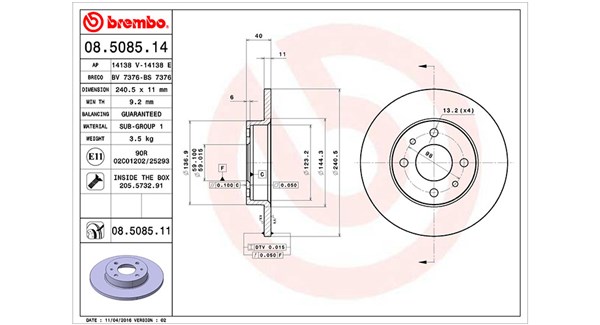 360406021600, Brake Disc, MAGNETI MARELLI, 0060805117, 1541802, 46403960, 0060811879, 1541804, 5154238AA, 51876438, 60805117, 1715410, 51859078, 60811879, 71738421, 51866264, 7566931, 7685656, 9S511125AA, 51876437, 7645054, 9S511125CA, 71772238, 7663465, BS511125AA, 5741447, 5766931, 6001073192, 7163465, 71769481, 71770933, 08.5085.10, 0986478342