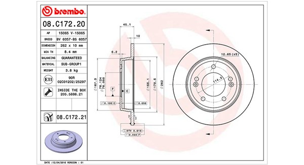 360406121600, Brake Disc, MAGNETI MARELLI, 584113X300, 584113Y300, 58411A6300, S584113X300, 0833529, 08.C172.20, 0986479052, 0986479A16, 15065, 203446, 24011003681, 285352820, 55400, 92240003, 980957, BD180378, BDA2604.10, BG4559, BR901100, BS6057, DDF2193C, DF6627, MDC2366, 24011003791, 313446, 410368, 410379