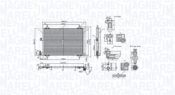 350203908000, Condenser, air conditioning, MAGNETI MARELLI, 6455AT, 6455CV, 6455Y9, 96.374.165.80, 0803.3009, 09005173, 1.30.0005.PD, 35414, 53328, 817508, 8FC351301-031, 94542, CNA5173D, DCN07009